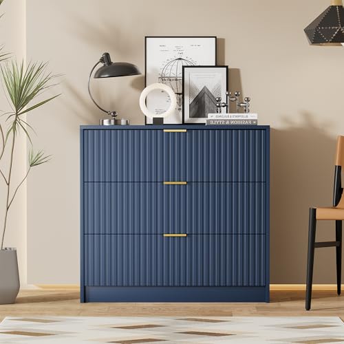 Image of Furniway Fluted Nightstands Set of 2, 31.5 inch Large Bedside Tables with 3 Drawers, Modern Wood Night Stands with Storage for Bedroom, Navy Blue