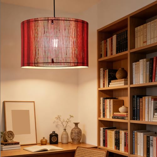 Image of Pendant Lamp Shade, Translucent Bamboo Made, 13.8x9 Inch, Modern Minimalist Style for Living Room, Bedroom (Red Stripe)