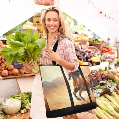 Large Insulated Tote Bag Horse Run Painting for Grocery Shopping Reusable Tote Bags for Women Men, Cooler Bag with Zippered Top & Handles for Beach Picnic Travel2
