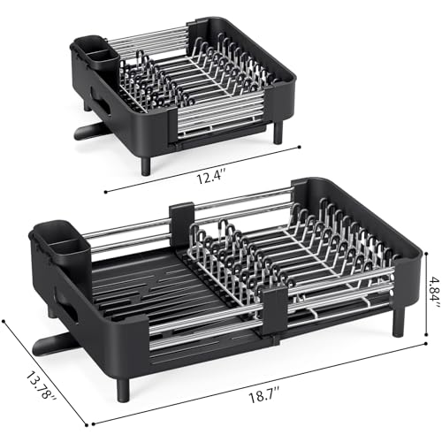 Image of Urackify Stainless Steel Dish Drying Rack - Dish Drainer for Kitchen Counter, Extendable Drainboard with Foldable, Space-Saving Cup & Bowl Organizer, Includes Knife and Utensil Holder, Black