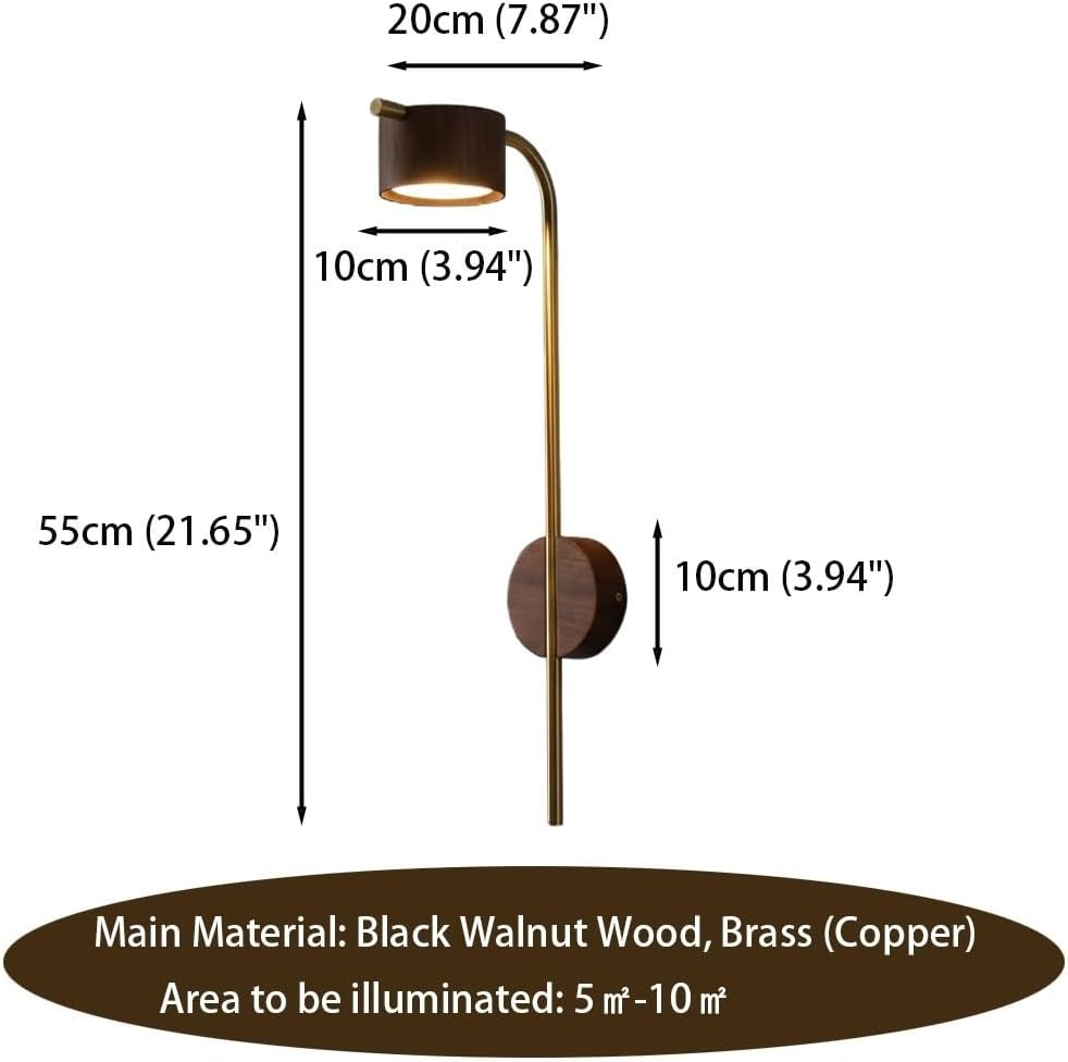 Wall Sconce, Black Walnut LED Wall Light, Brass Wand Bedside Wall Lamp for Bedroom, Living Room, Hallway, Office, Reading Corner, Nordic Fixture, Apartment Loft, Entryway Parlor