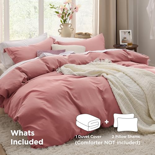 Image of Bedsure Pink Clay Duvet Cover Queen Size - 3 Pieces Prewashed Cotton-Like Extra Soft Bedding Set, Includes 1 Duvet Cover 90x90 Inches with Zipper Closure & 2 Pillow Shams, Comforter Not Included