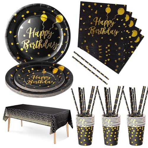 Nkaiso Anniversaire Party Vaisselle,121pcs Noir Or Kit Vaisselles Papier Assiette Tasse Serviette, Enfants Fête Anniversaire Décoration -24 invités