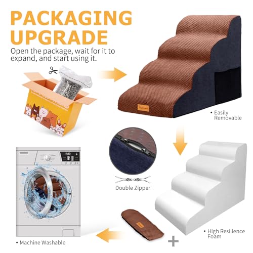 Image of Topmart High Density Foam Dog Steps 4 Tiers,Extra Wide Deep Pet Steps,Non-Slip Dog Stairs Ramp for Bed,Soft Foam Cat Ladder,Best for Older Injured,Older Pets,Cats with Joint Pain