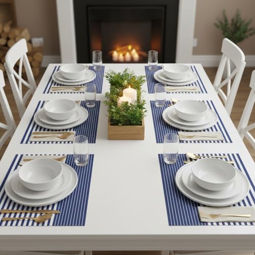 Image of YELONA Dining Table Placemats Set of 6 - Heat-Resistant, Non-Slip, Washable & Stain Resistant Woven PVC Vinyl Table Mats for Kitchen & Dining - 45 x 30 cm, PeachBlack & White