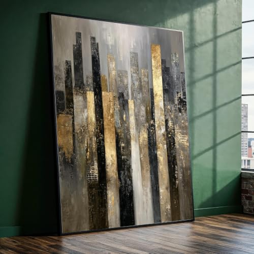 Toile abstraite paysage urbain noir et doré 40x60cm tableau moderne