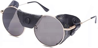 OSSAT sunglasses with side shields round Steampunk eyewear cowhide Shield wind proof sunshade For Men Women metal Frame