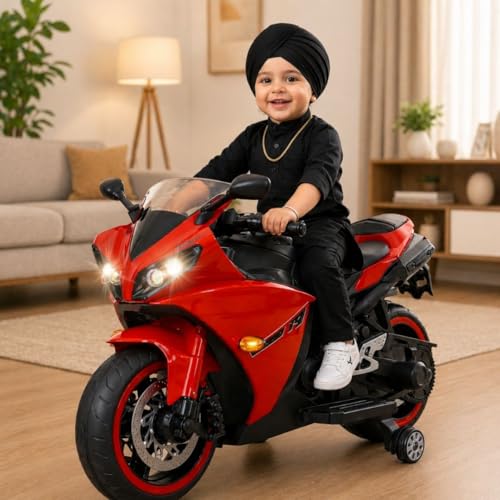 Image of LITTLE PUP 12V Battery Operated Ride on Bike for Kids of Age 2 to 8 Years- Electric Rechargeable Kids Bike with Hand Race, Music,Led Lights (RED)