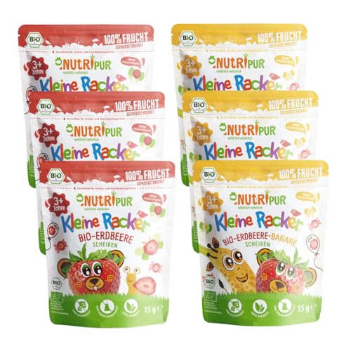 BIO Frucht Snack für Kinder: 6x15g Bananen und Erdbeeren Gefriergetrocknet – Gefriergetrocknete Früchte – Getrocknete Früchte – Kleine Racker NutriPur