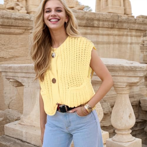 Image of Women's Sleeveless Chunky Knit Cardigan V-Neck Button Down Vest Casual Loose-Fitted Crochet Sweater with Pockets 2024