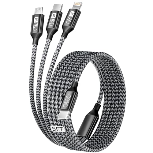 Image of 100W USB C Multi Charging Cable, 3 IN 1 USB C Charger Cable Fast Charging | 5FT Multiple Charger Cord with E-Mark Chip, Travel Cable with Type-C, Micro USB, IP Port for iPhone17-12, Tablet, Android