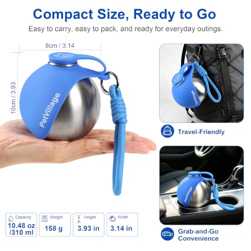 Image of 2-in-1 Dog Water Bottle with Foldable Bowl, Portable Leak-Proof Pet Travel Water Dispenser, Stainless Steel Dog Hydration Bottle for Walking, Hiking, Small Dogs & Puppies, Blue 10oz