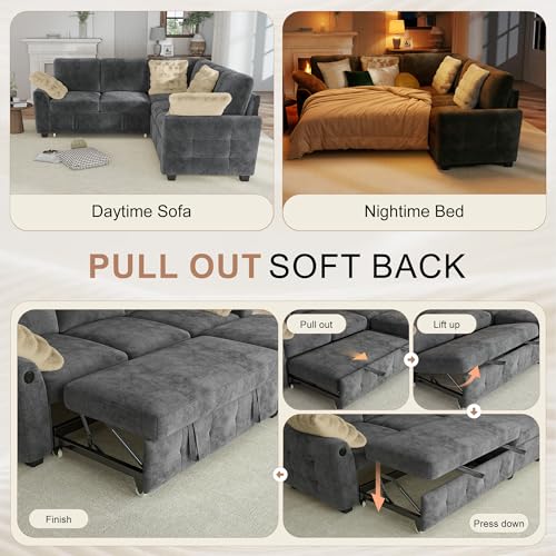 Image of Hanherry Sectional Sofa with Pull Out Couch Bed,Chenille Sleeper Sofa with 2 Seat Storage & USB Charging,Comfy L Shaped Modular Couches for Living Room,Apartment
