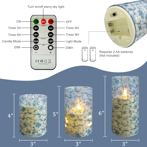 Image of Flickering Flameless Candles, Recessed String Light LED Candles 3D Wick Acrylic Battery Operated LED Pillar Candles with Remote and Timer for Modern Simple Home Decor Set of 3(Blue Twig)
