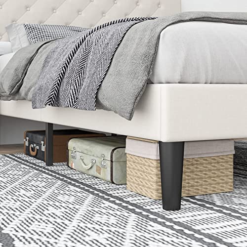 Full Size Bed Frame With Button Tufted Headboard, Modern Upholstered Bed Frame Full With Strong Wooden Slats, Sturdy Wood Slat Support, Mattress Foundation, Easy Assembly, No Box Spring Needed, Beige #TOP4