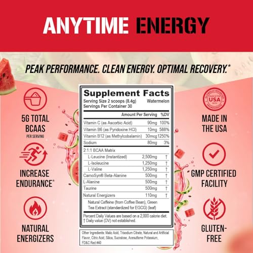 Image of Evlution EVL BCAAs Amino Acids Powder - BCAA Energy Pre Workout Powder for Muscle Recovery Lean Growth and Endurance - Rehydrating Post Workout Recovery Drink with Natural Caffeine - Watermelon