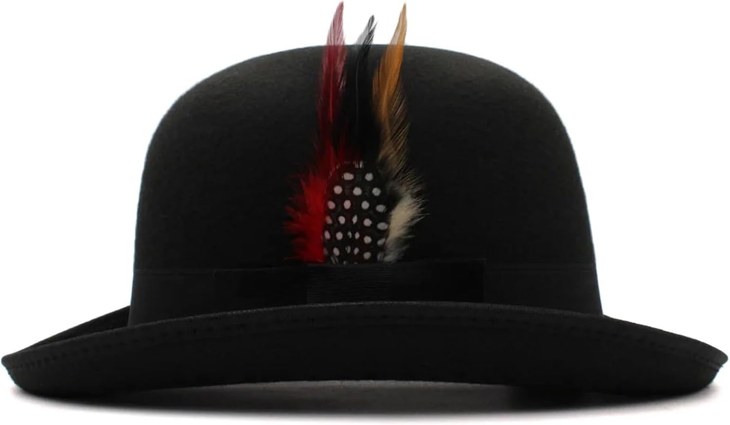 Men Women Wool Blend Oval Top Bowler Hats Woolen Fedora Caps Feather Sunhat Adjustable UK M-L US 7 1/8-7 3/8 for Cosplay, Weddings(Black,Woolen)