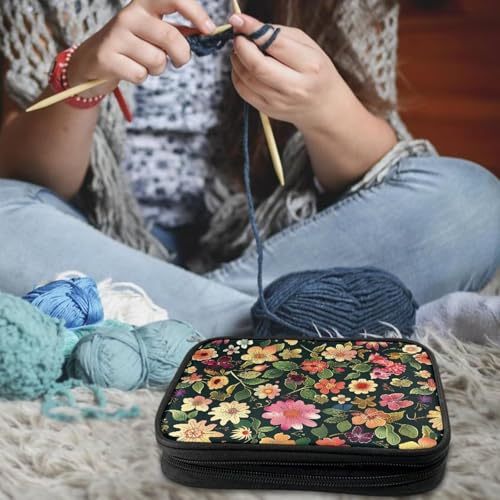 Image of Crochet Hook Case Floral Crochet Hook Holder Portable Crochet Hook Storage Bag with Web Pockets Suitable for Crochet Needles /Knitting Accessories