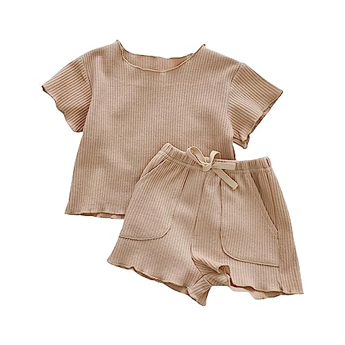 Roupas infantis de verão fofas cores sólidas com babados e manga curta, Caqui, 3-6 Meses