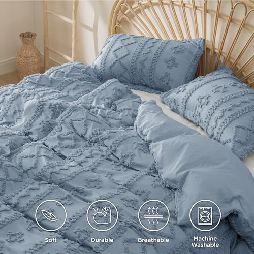 Image of Bedsure Boho Duvet Cover King Size, Soft & Comfortable Elegant Design Boho Bedding for Decoration, Machine Washable Comforter Cover for All Seasons,Includes 1 Duvet Cover & 2 Pillow Shams,Dusty Blue
