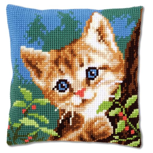 Kit de coussin au point de croix, chat sur un arbre, 40 x 40 x 0,3 cm, Blanc