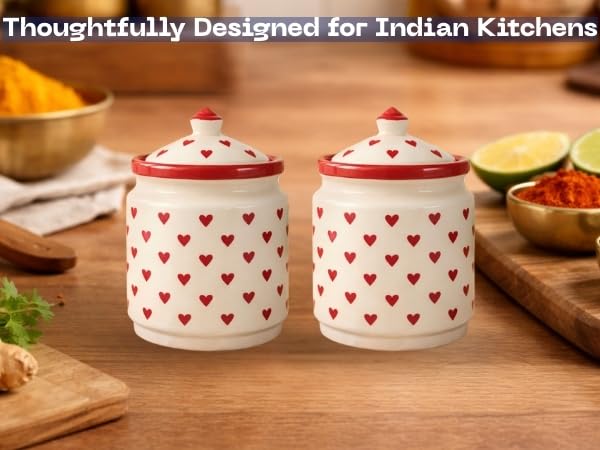 Image of Classyo Ceramic Storage Containers - 700 ml, Salt Container, Pickle Jar with lid, Ceramic Jars for Kitchen Storage for Achar and Namak (Set of 2, Heart Design)