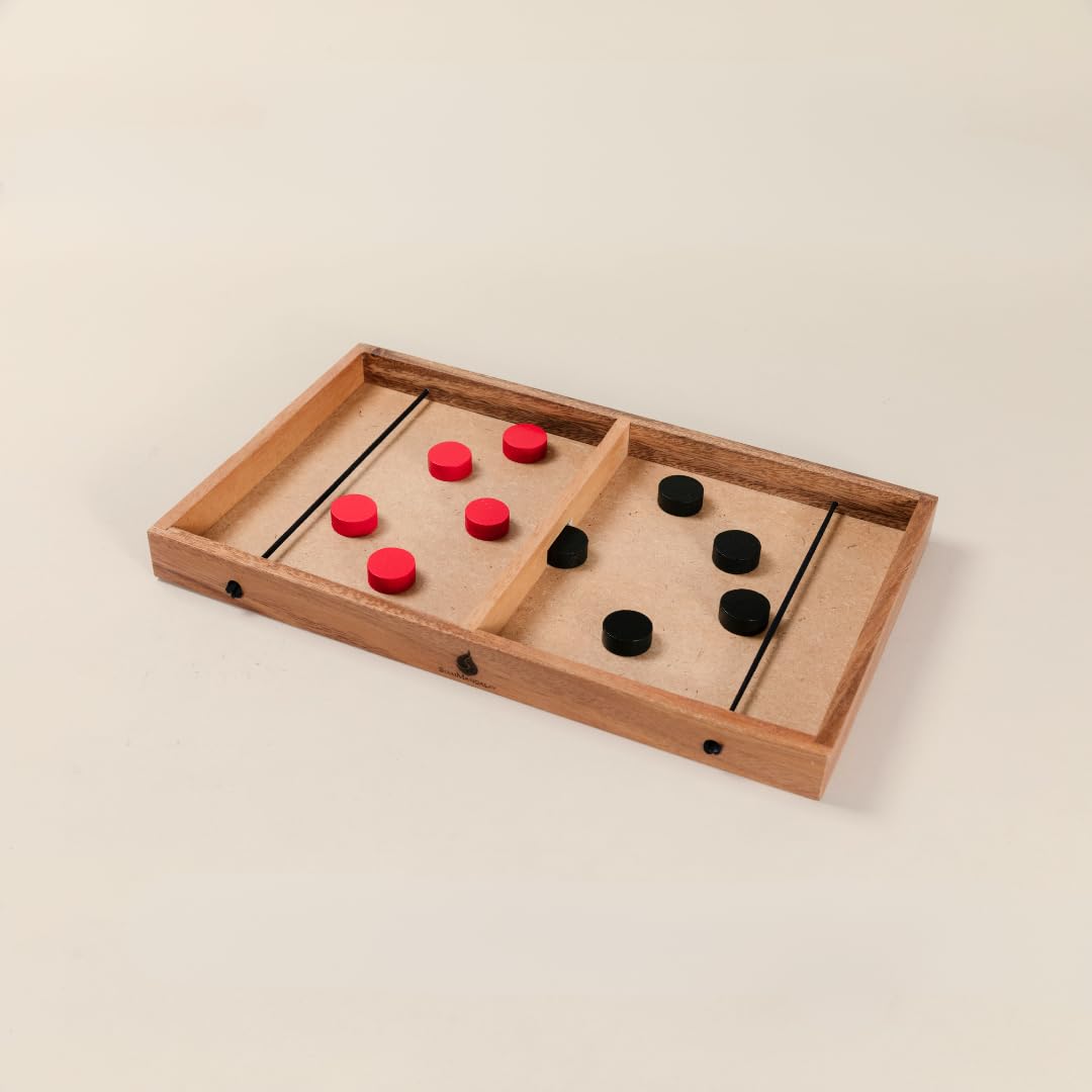Jeu de palets Fast Sling – Jeu de hockey de table en bois de qualité supérieure pour adultes – Jeu de dextérité à 2 joueurs avec 10 palets – Planche en bois fabriquée à la main, jeu classique, jouet