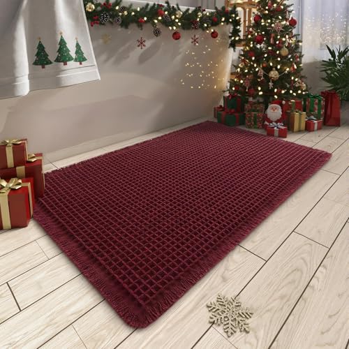 AMOAMI Upgraded Waffle Bath Mat Super Absorbent Non Slip Bath Mats for Bathroom Floor Washable Bathroom Rugs with Tassels Rubber Backed Bathroom Mats Ultra Soft 17 x 24 Burgundy