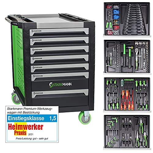 STARKMANN Blackline Werkzeugwagen 7 Schubladen inklusive 599 TLG. Werkzeugset | Werkstattwagen mit Steckschlüssel-Satz Knarrenkasten Nußkasten Ratschenkasten