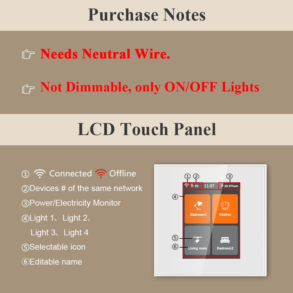 LANBON Interruptor de luz inteligente L8-HS4 de 4 velocidades con aplicación Smart Life/Homekit/Smart Living compatible con Alexa y Google Home, cable neutro requerido, no requiere hub