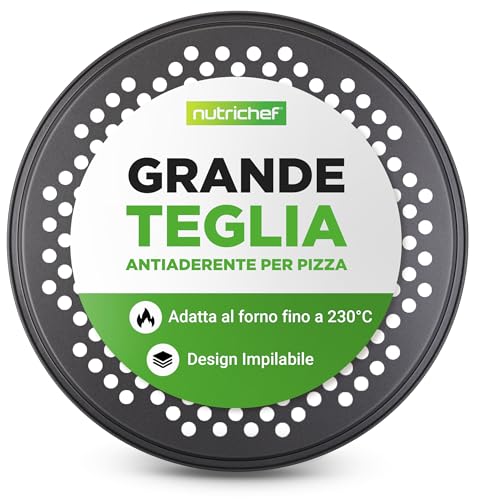 NutriChef Teglia per Pizza 32,5 cm Antiaderente in Acciaio al Carbonio con Fori Aria, Teglia Forno Premium per Pizza Fresca e Surgelata, Grigia