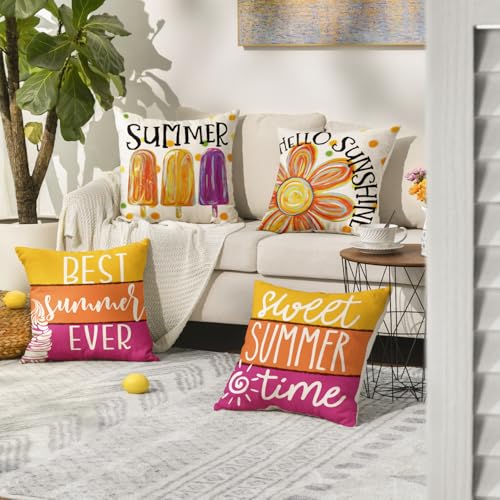 AVOIN colorlife Hello Sunshine Floral Sweet Summer Time Throw Pillow Covers, 18 x 18 Inch Popsicle Ice Cream Polka Dots Stripes Best Summer Ever Holiday Seasonal Cushion Case Decorations Set of 4