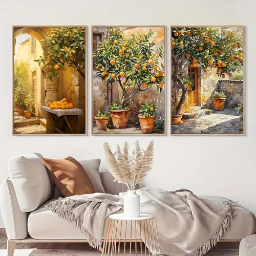 Toile cottagecore vintage paysage oranger, triptyque mural de prestige en 70x100 cm