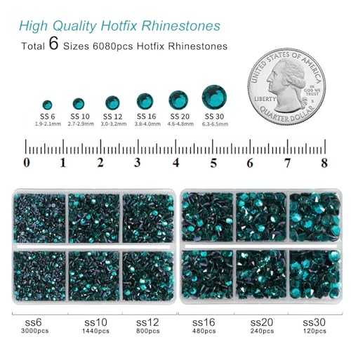 Image of BEADSLAND Hotfix Rhinestones, 6080PCS Blue Zircon Rhinestones for Clothes Crafts Mixed 6 Sizes with Wax Pencil and Tweezers Kit, SS6-SS30, Blue Zircon