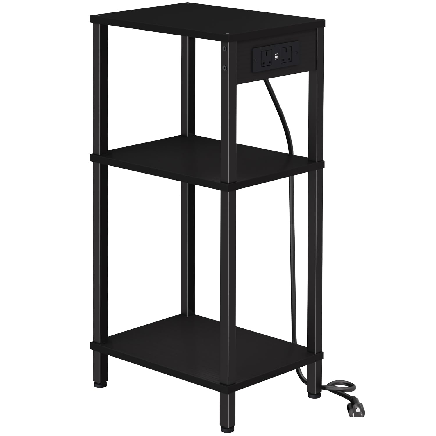 Asgolion Tall Side Table with Charging Station, 3 Tier Slim Side Table with USB Ports and Outlets, Narrow Tall Nightstand with Storage for Bedroom, Living Room, Office, Black