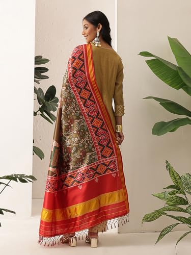Image of Kalamkari Patola Dupatta Digital Printed With Handmade Tassels