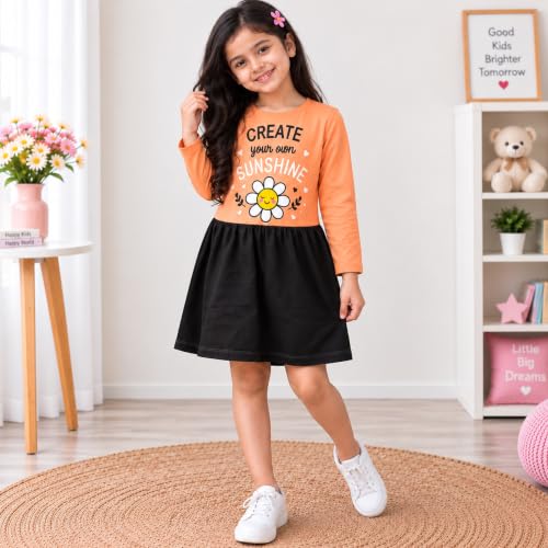 Image of Kuchipoo Girls Cotton Printed Dresses Pack of 3 | Full Sleeve Round Neck Casual Frocks | Soft & Comfortable Everyday Wear for Kids