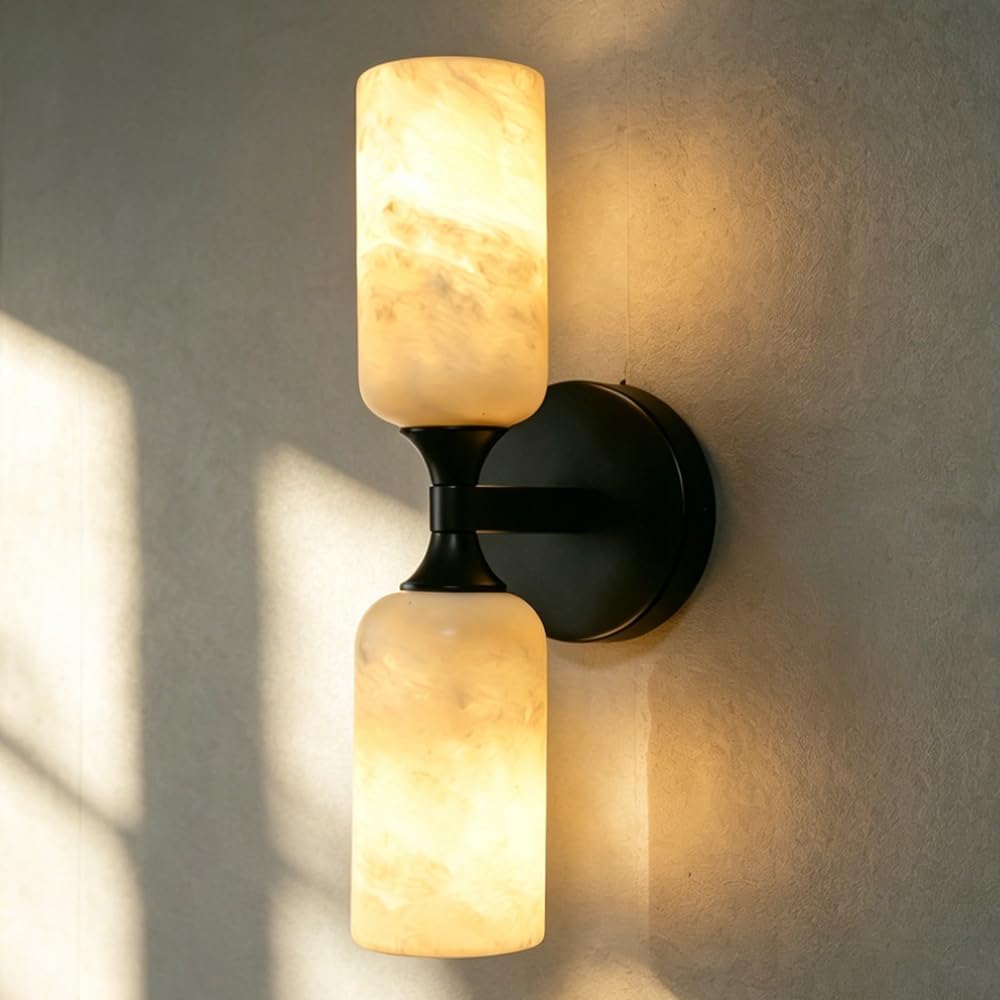 Natural Alabaster Wall Sconce Light Marble Wall Light Bathroom Vanity Sconce Mid Century Stone Wall Mount Light Gold Wall Light Fixture for Bedroom Living Room Kitchen Cafe Stairs
