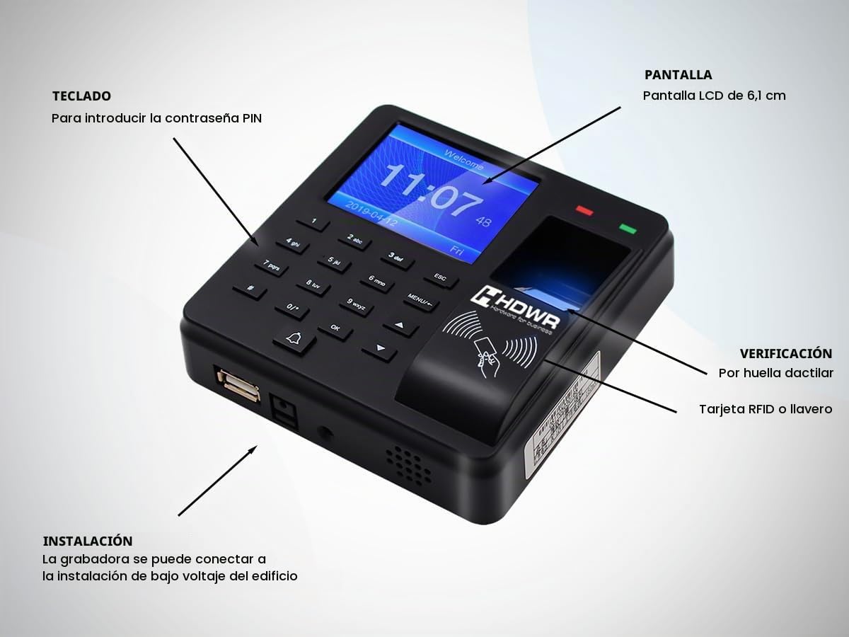 HDWR CTR10 Máquina de fichar, control de presencia biométrico RFID | Fichaje por huella dactilar, tarjeta RFID y contraseña, hasta 1000 empleados, sin suscripción