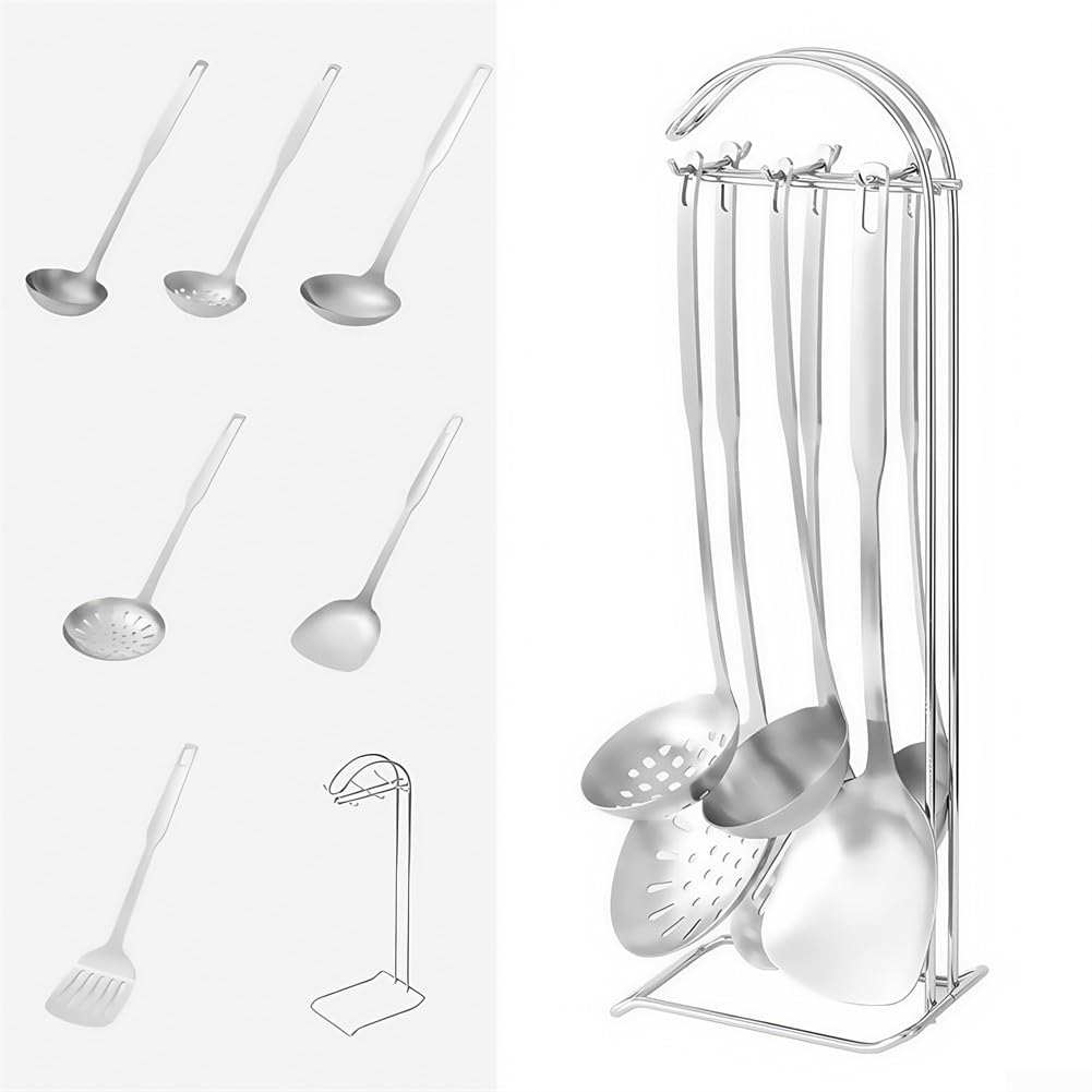 Set di utensili da cucina in acciaio inox, set di utensili da cucina in metallo da appendere, con supporto per utensili da cucina, spatola, cucchiaio, acciaio inossidabile