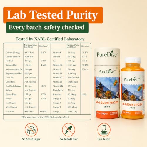 Image of Puredise Himalayan Sea Buckthorn Berry Juice 300 ml - Natural Vitamin C, Omega 3 6 7 9, Antioxidants For Immunity, Skin Glow & Gut Health - Makes 50 Glasses - Lab Tested