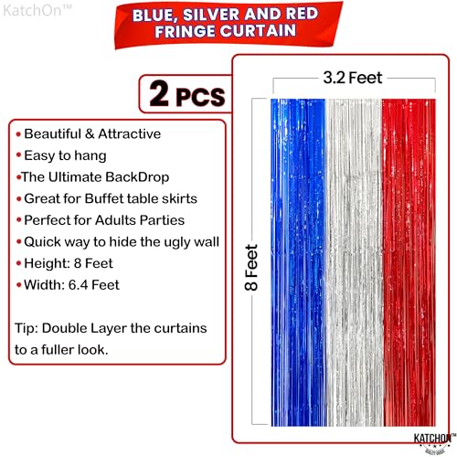 Image of KatchOn, XtraLarge Red White and Blue Streamers - 3.2x8 Feet, Pack of 2 | Red, White and Blue Decoration, Foil Fringe Backdrop Curtains, Tinsel Streamers Party Decorations for Patriotic Decorations