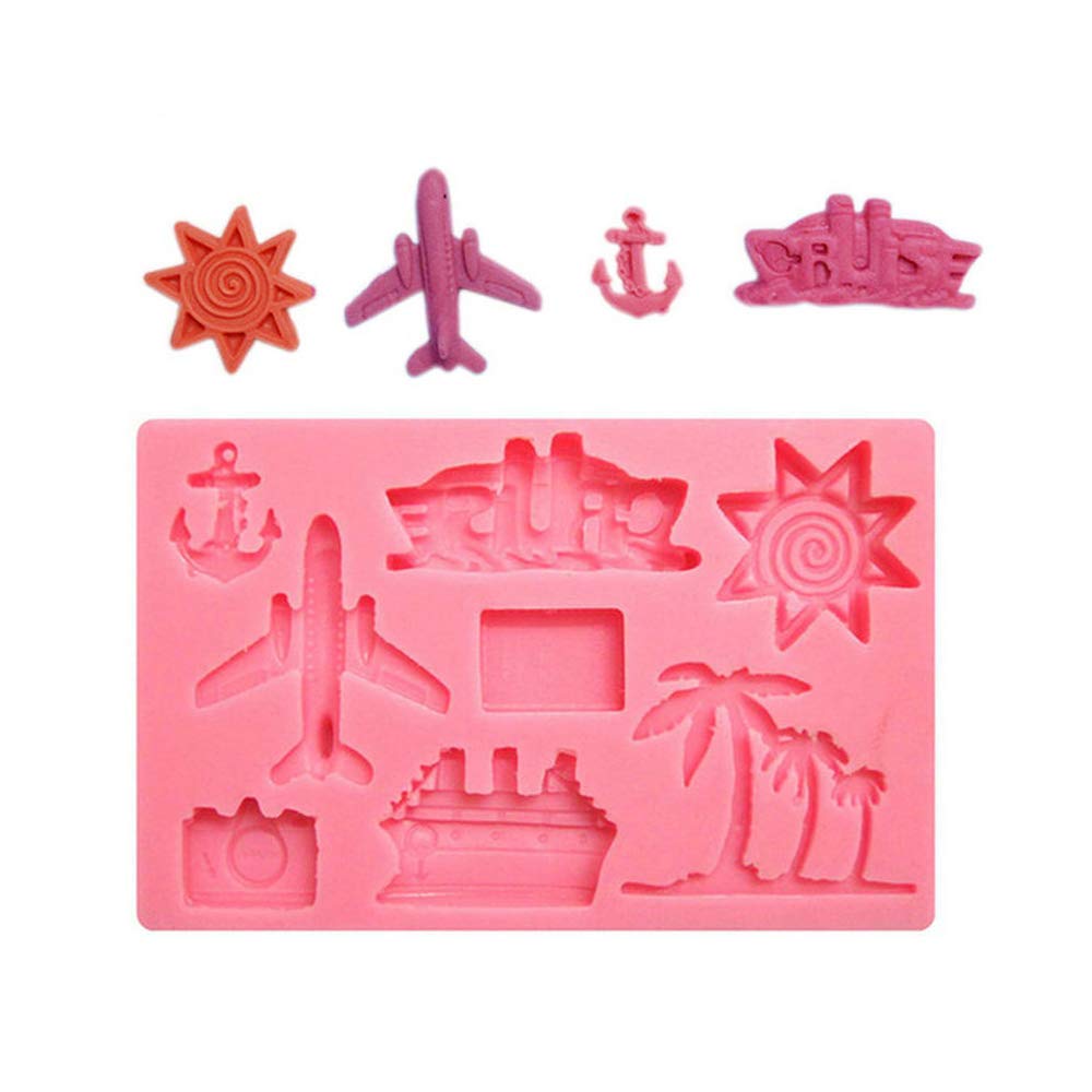 2Pcs/Set Summer Vocation Travel Fondant Molds, Seaside Holiday Silicone Mold for Cake Cupcake Decorating Polymer Clay Mould (Airplane Cruise Liner Camera Coconut Tree Sun Beach Slippers Swimsuit) - Image 4