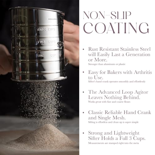 image for Bellemain 3 Cup Flour Sifter for Baking Fine Mesh Rotary Hand Crank wi