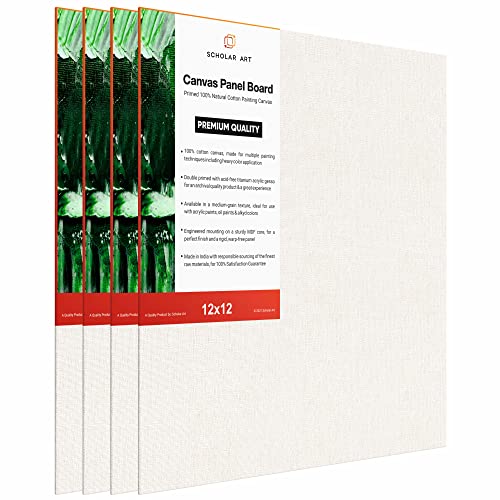 Image of Scholar Art Hobby Series 04 Oz (230 GSM) 100% Cotton Canvas Panel Board for Painting (White Blank Canvas Boards for Acrylic Paint, Oil Paint, Wet & Dry Media) | 12 inchx12 inch (30x30 cm), Pack of 4