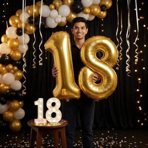 Image of Balloonistics Gold 40-Inch Foil Number 18 Balloon with Matching LED Marquee Light - Combo Set for 18th Birthday, Anniversary, Party Decoration, Photo Booth Backdrop