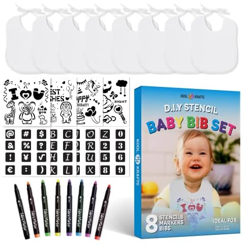 Baby Bibs Set - 2 Ply Knit Terry Solid White Feeder Bibs - Kit Includes, 8 Bibs, 8 Fabric Markers, 8 Stencils, Baby Gifts - Registry For Baby - Gender Reveal - Gift for Baby Party - Baby Shower Game Cover