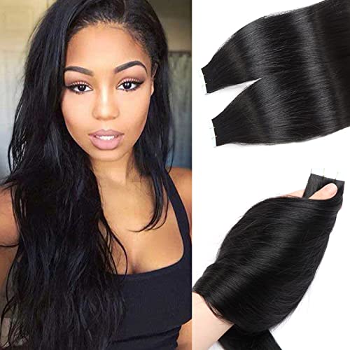 S-noilite 60 Gram 20 Pcs Remy Tape in Hair Extensions Human Hair Seamless Skin Weft Double Sided Tape Invisible Tape in Hair for Women Silky Straight 14 Inch #1B Natural Black Color