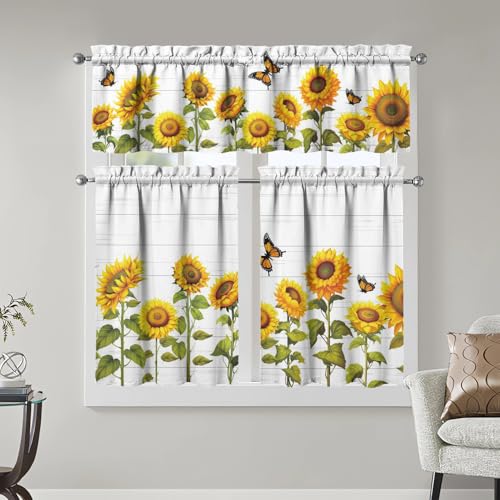 Image of Sunflower Kitchen Curtains 3 Piece Set Tier Valance Window Decor | 3 Piece Kitchen Curtain Set Includes 54x18in Valance and Two 27.5x36in Tier Curtains for Kitchen, Bedroom and Living Room