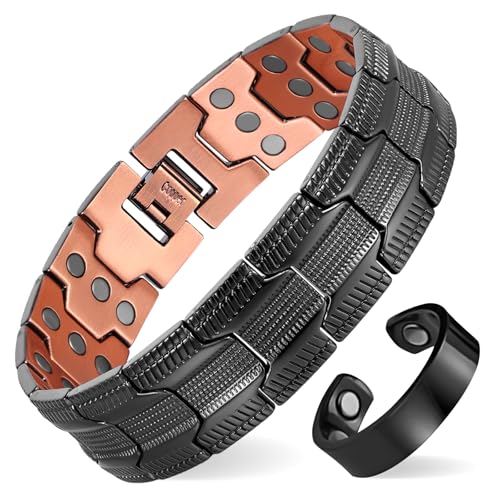 MagEnergy kupferarmband herren – Drei Ultra-Starke Magnete, Männliches Design Reines Kupfer-Magnetarmband, Einstellbare Länge mit Größenanpassungswerkzeug (Schwarz)